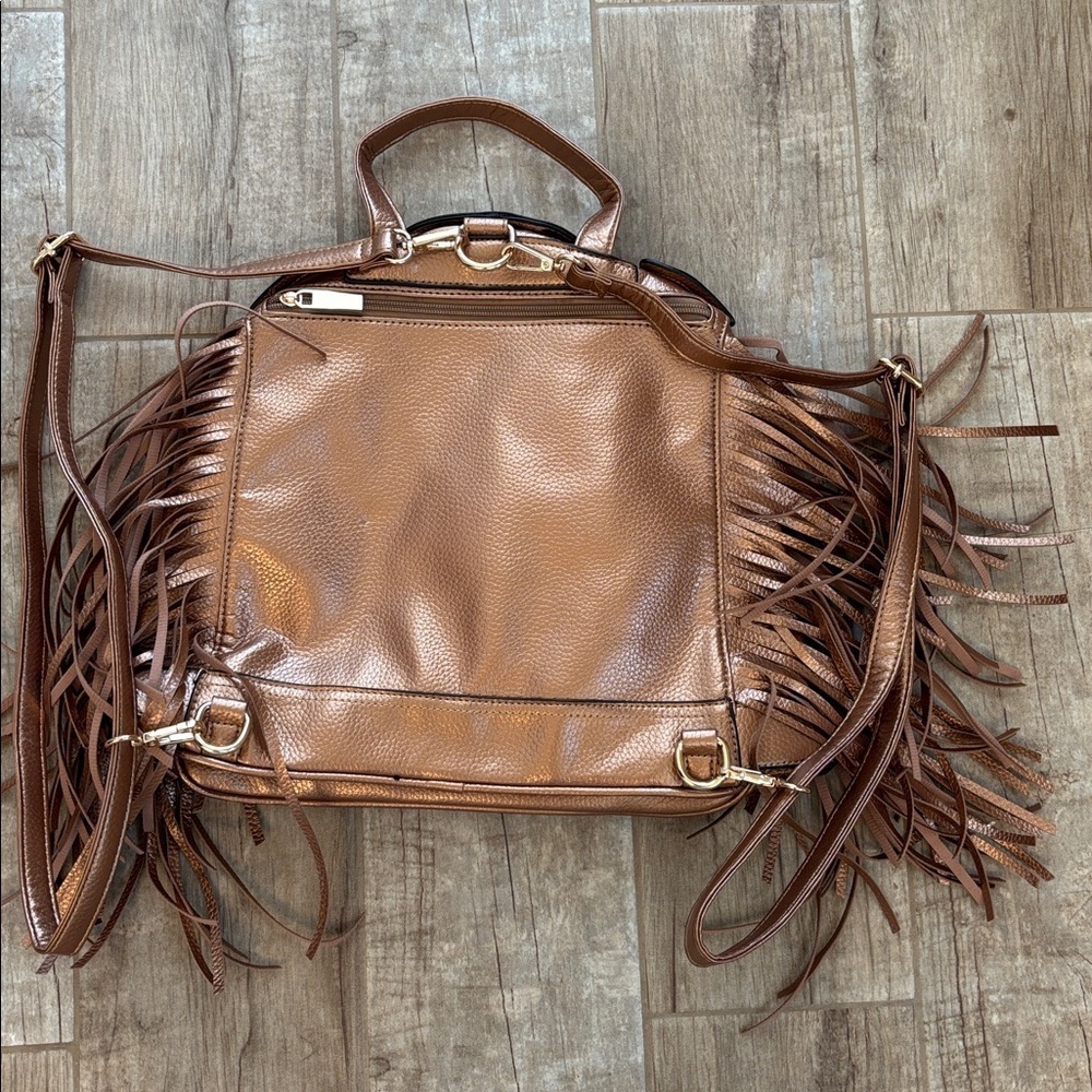 Fringed Bronze/ Copper- Color Vegan Faux Leather Motorcycle Jacket Backpack - Picture 3 of 3